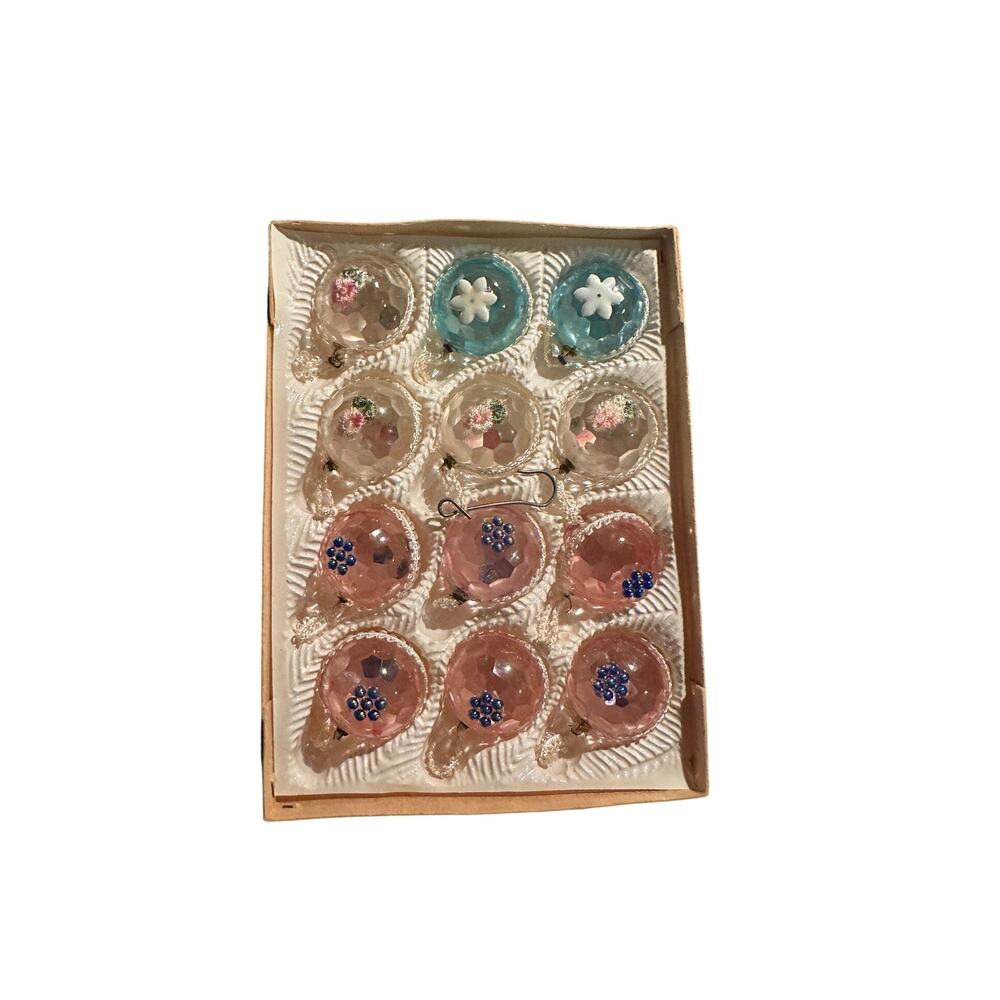 Vintage Set of Acrylic Mini Christmas Ornaments in Original Box (12)